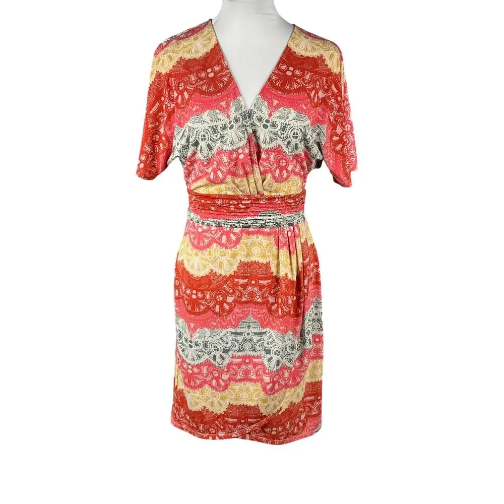 BCBG MAXAZRIA Wrap Dress Tereza Boho Art sz S Red White Yellow Medallion Print - Picture 3 of 16